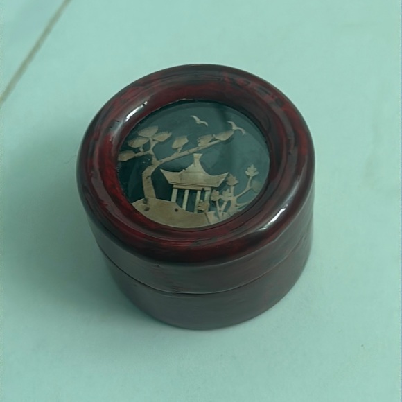 Antique Chinese Wooden Trinket Box with Carved Cork Inlay. Lined with Red Silk - Picture 1 of 4